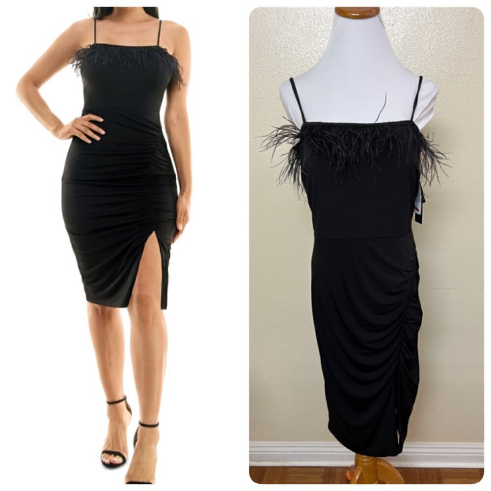 City Studios Juniors' Feather-Trim Ruched Bodycon Dress Sz 5/6 Black